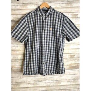 Carhartt Mens Relaxed Fit Gray/Blue Plaid Button-Down Short Sleeve Shirt Size L